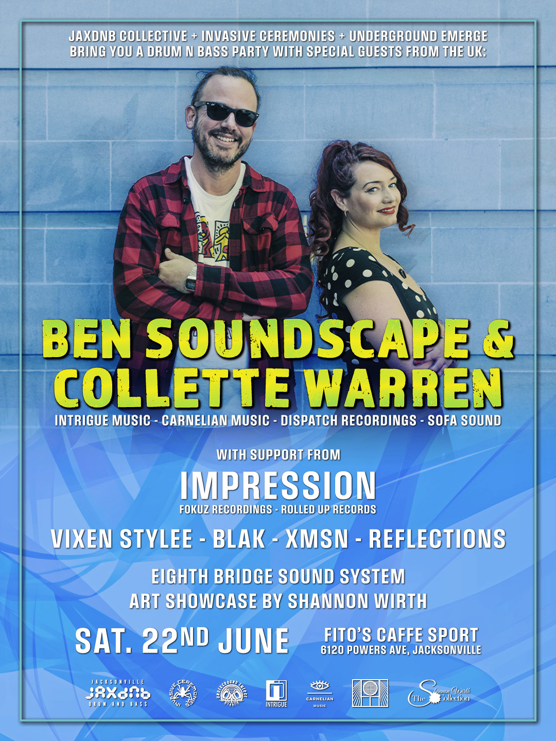 Event flyer for Ben Soundscape and Collette Warren with JaxDnB in Jacksonville, FL