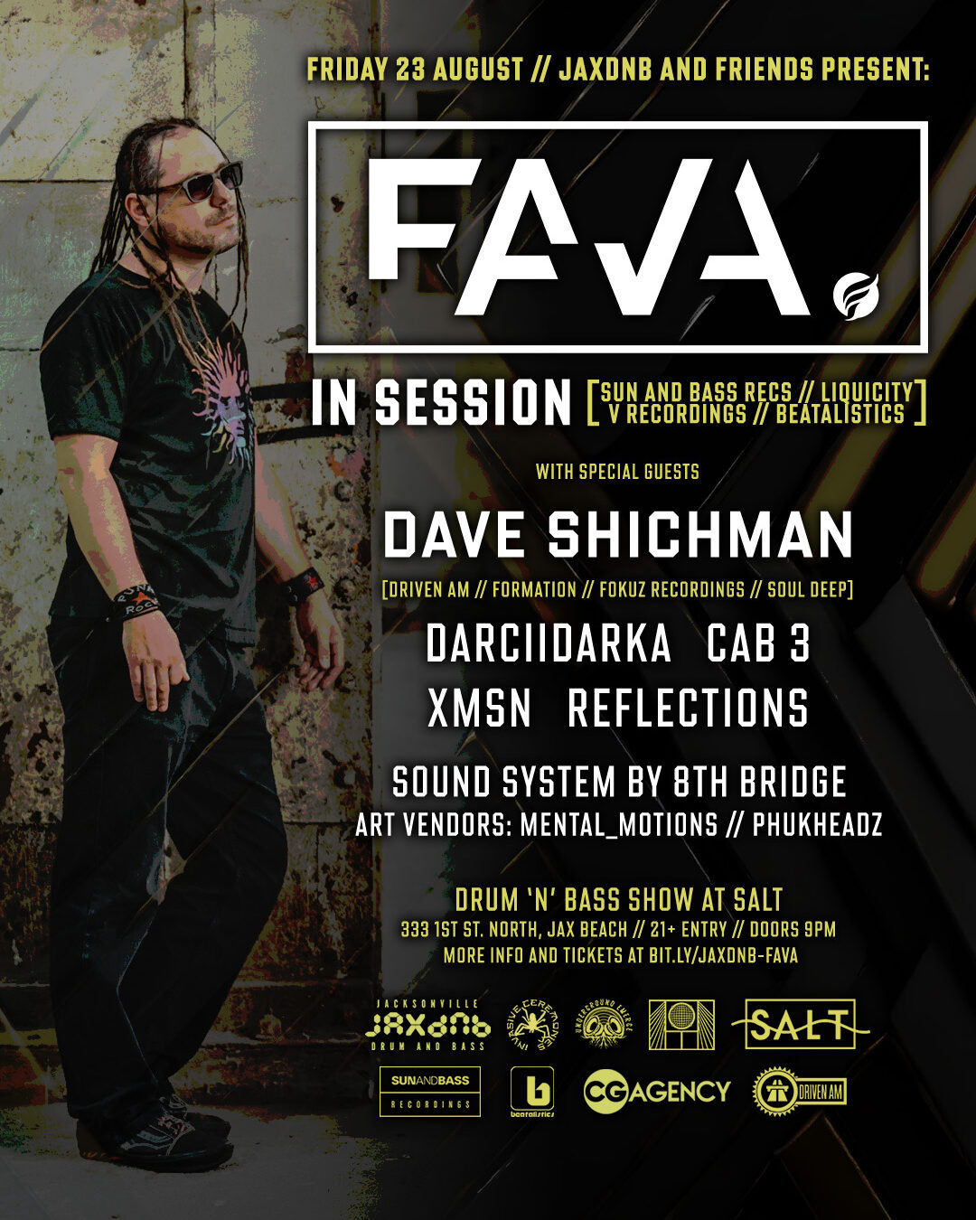 Event flyer for MC Fava and Dave Shichman with JaxDnB in Jacksonville, FL
