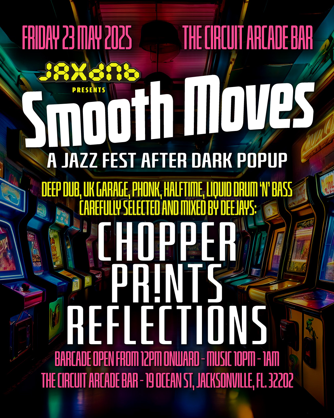 Event flyer design for JaxDnB at The Circuit Arcade Bar in Jacksonville, FL