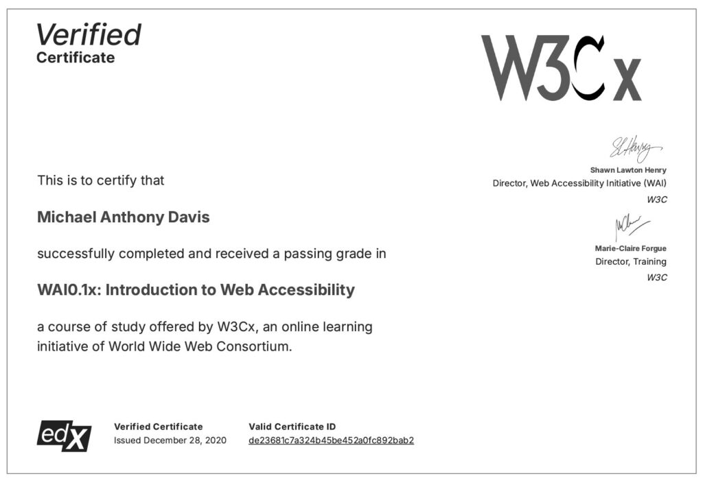 W3C Introduction to Accessibility certificate